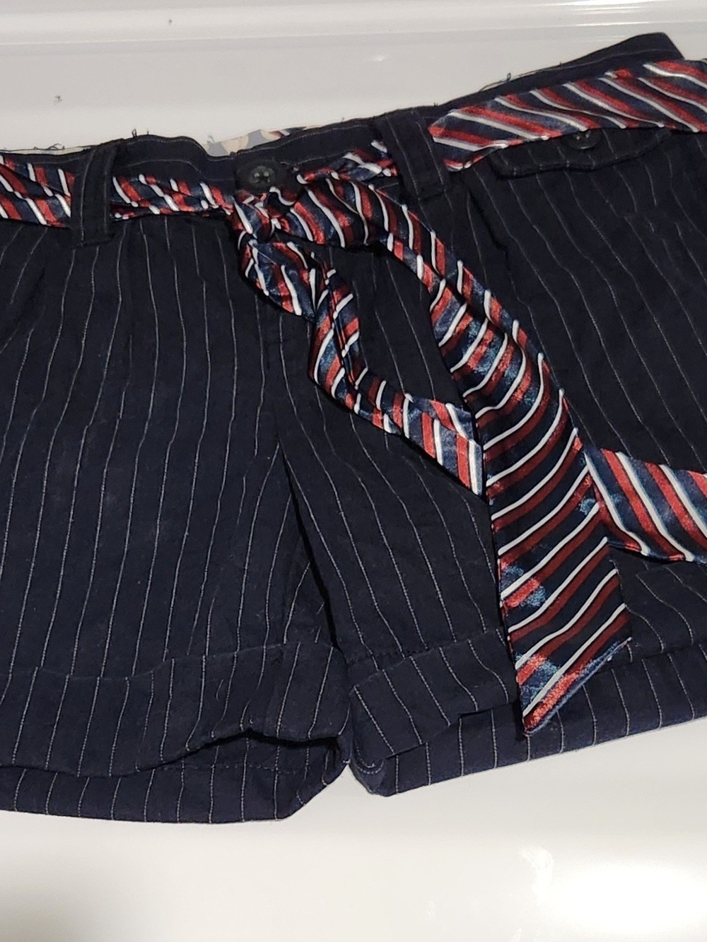 American Eagle Outfitters Navy Pinstripe Shorts with Red & Blue Striped Tie